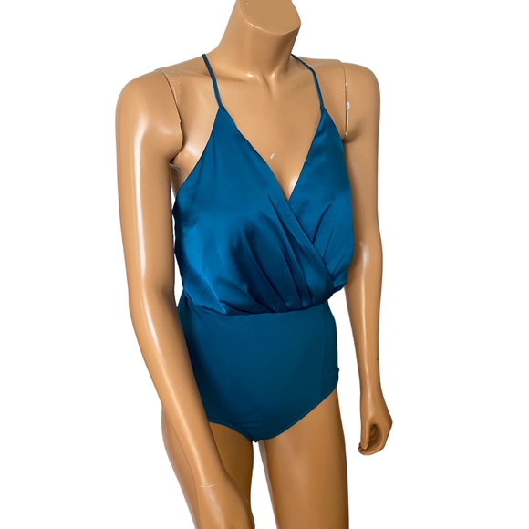 Bebe Blue Satin Bodysuit Medium - Picture 2 of 8